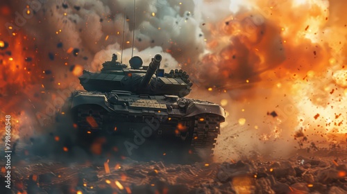 Dramatic war scene with a battle tank in action amidst fiery explosions and debris on a desolate battlefield, invoking the chaos and intensity of warfare, fighter tank on war with explos. Generated AI photo