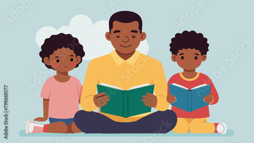 A father sits with his children a sense of determination on his face as he reads aloud stories of resilience and perseverance from the librarys. Vector illustration