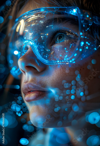 Young woman is wearing protective goggles and looking up at the screen with futuristic design.