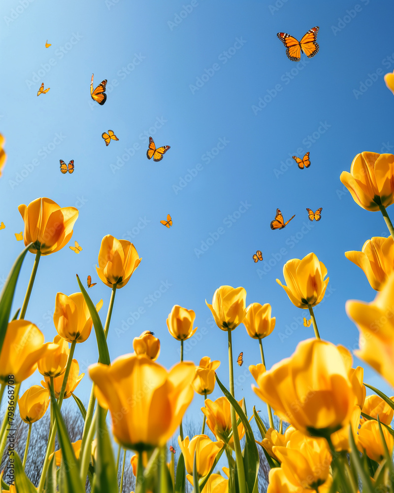 Obraz premium Meadow field with blossom yellow Tulip flowers and brown butterflies against at sunny day with blue sky in summer, summer flower theme.