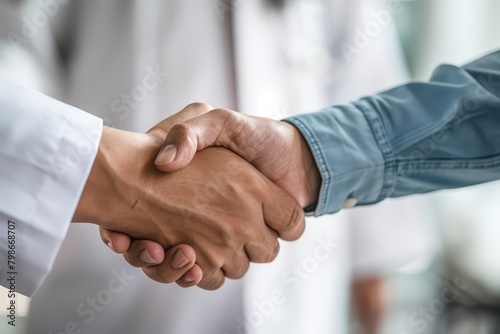 Photo of Business Associates Shaking Hands in Office Environment, A close up handshake between a doctors in a medical office , Firm Handshake Demonstrating Professional Trust and Mutual. Generated AI