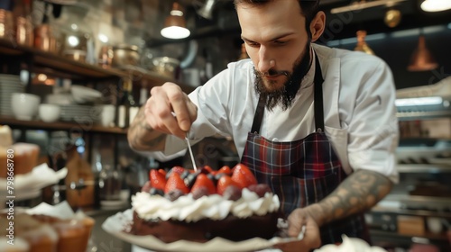 Chef finalizing a dessert in a hotel or restaurants' kitchen,pastry chef hands detail is serving a finest dessert in luxury restaurant. Generated AI