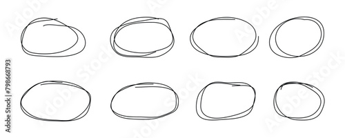 Hand drawn ellipse doodles, sketch pencil oval frames. Black outline round shapes doodle drawing, scribble brush stroke circles vector set. Empty speech bubbles with white background.