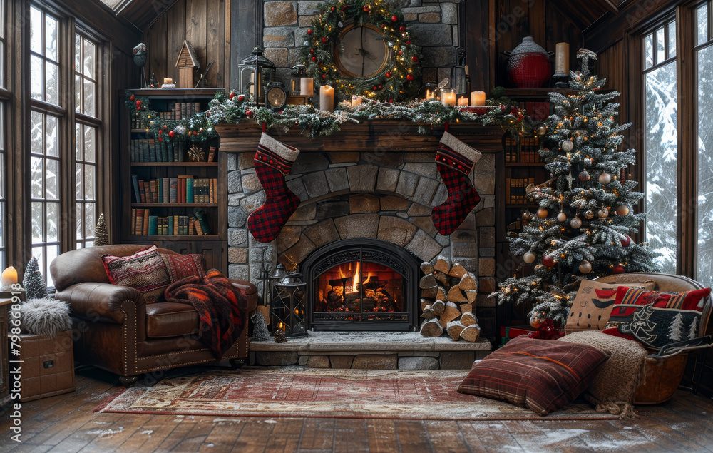 Christmas living room with fireplace sofa plaid and Christmas tree