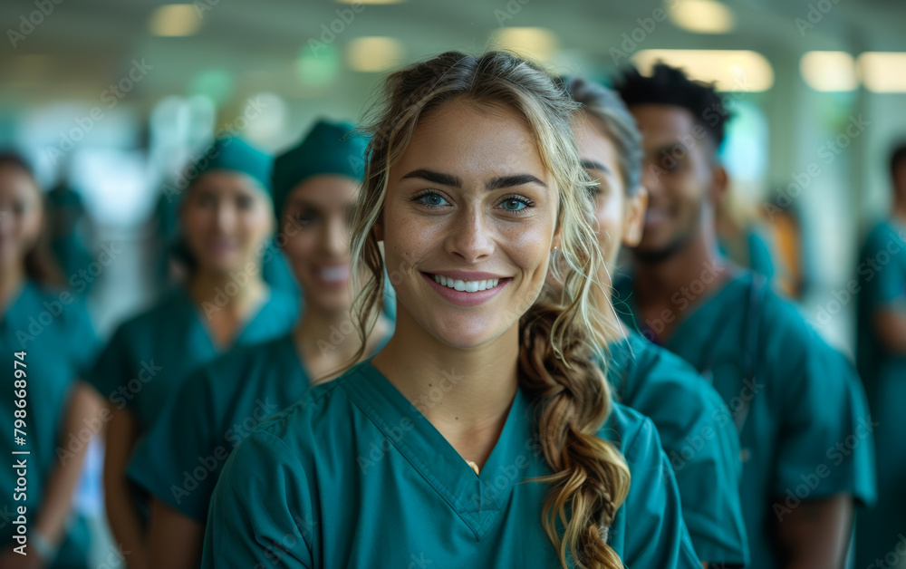 Portrait of happy Caucasian female doctor standing in the corridor at hospital and looking at camera with her colleagues in the background