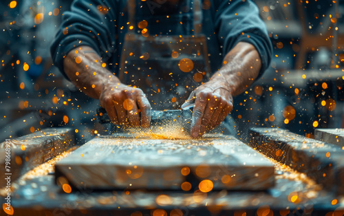A craftsman is using an electric planer to trim the edge of wood, a dynamic shot capturing him in midaction with splashes and particles flying around