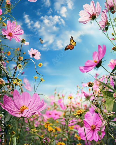 Meadow field with blossom pink Cosmos flowers and yellow butterflies against at sunny day with blue sky in summer  summer flower theme.