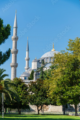 The Sultanahmet Mosque  or Blue Mosque with blue sky  in Istanbul city, Turket photo