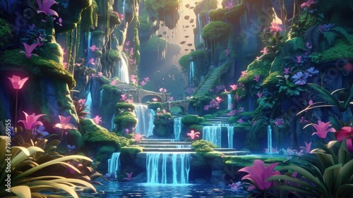 cascading waterfall amidst vibrant tropical flora  illuminating the serene oasis with magical allure