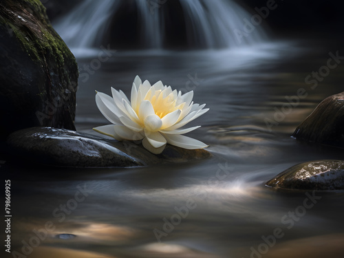 a water lily sits on a rock in front of a waterfall