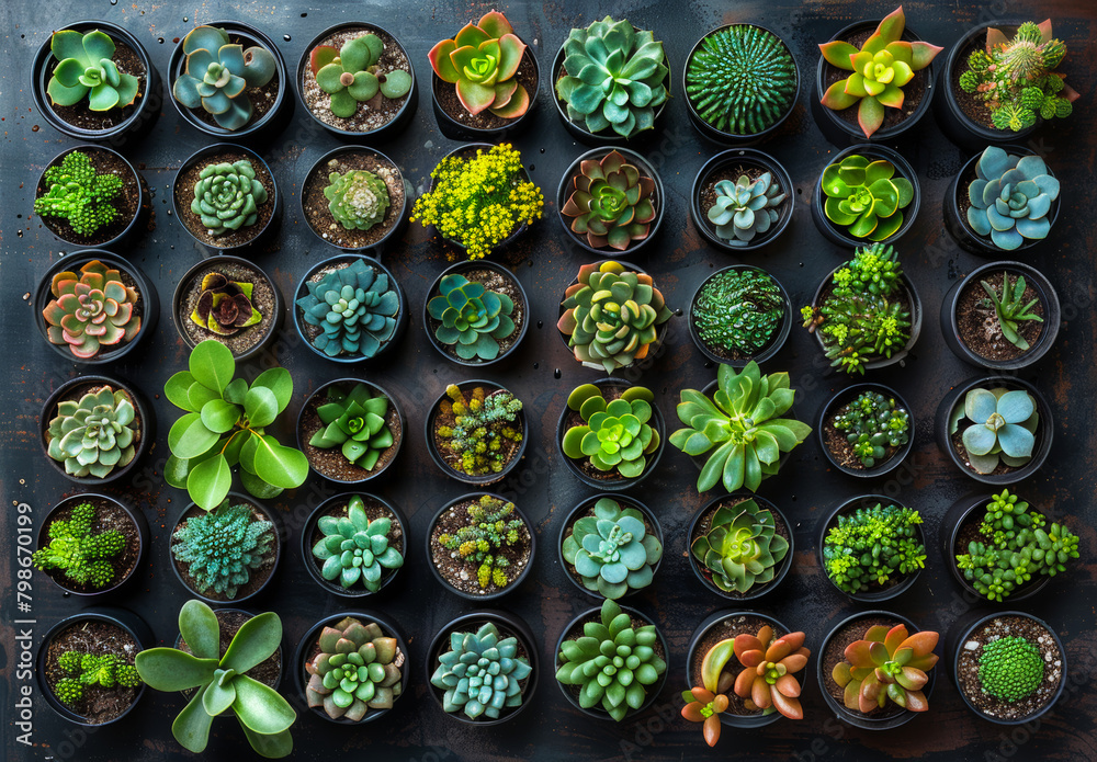 Different succulents collection in small pots on the wooden table