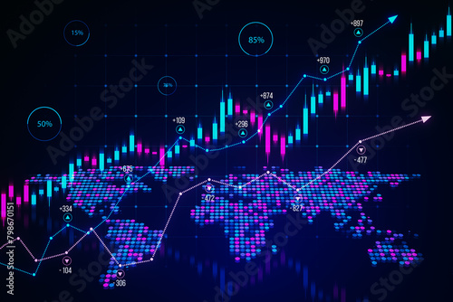 Growing forex chart on dark background with map. Trade, growing income and stock concept. 3D Rendering. photo