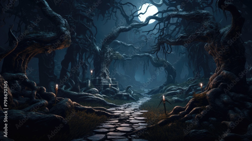 Mystical forest scene with ancient, twisted trees, illuminated by ethereal light along a stone path Mystical forest scene with ancient, twisted trees, illuminated by ethereal light along a stone path
