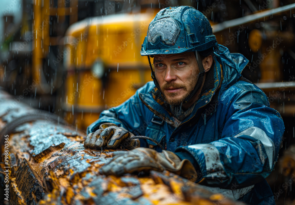 A worker in a blue uniform and helmet works on an oil well. He is trying to cut a wooden log with large copper saws. A worker in a blue uniform and helmet works on an oil well. He is trying to cut a wooden log with large copper saws.