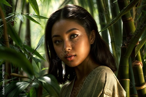 a woman with long hair stands in a bamboo forest