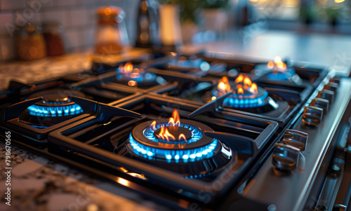 Blue flames of gas burning from kitchen gas stove