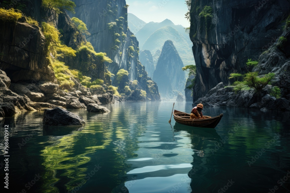 Wooden boat with man in blue lagoon. Philippine landscape. Generative AI. Beautiful rocks and trees with green crowns growing on them.