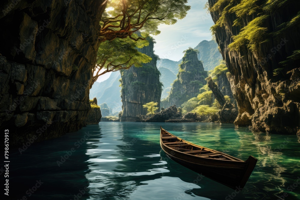 Wooden boat without people in blue lagoon. Philippine landscape. Generative AI. Beautiful rocks and trees with green crowns growing on them.