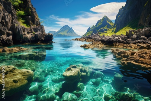 Beautiful shore of ocean with rocks. Generative ai. Philippines landscape. Water is crystal clear and mountains in background are majestic. Scene is serene and peaceful.