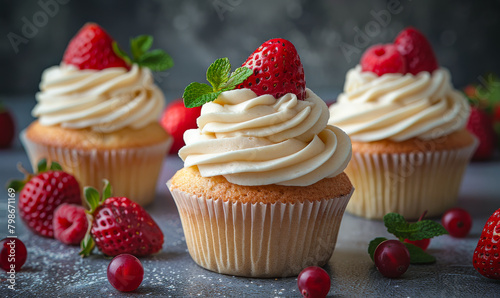 Cupcakes with buttercream and fresh berries on dark background photo