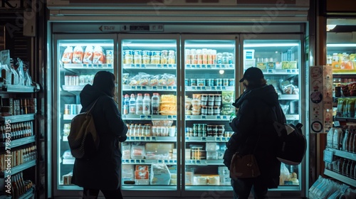 Two shoppers browse the well-lit refrigerated section of a grocery store, carefully choosing items from a selection of chilled products