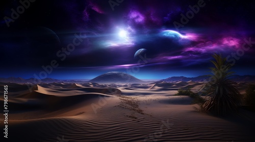 Desert Night with Cosmic Phenomena and Palms