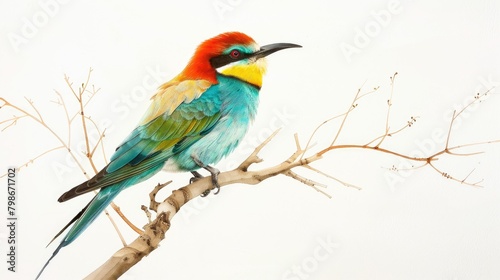 Vibrant avian species set against a white backdrop European Bee eater on branch
