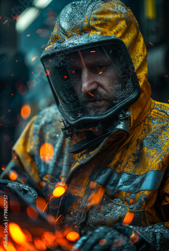 Worker welding in factory