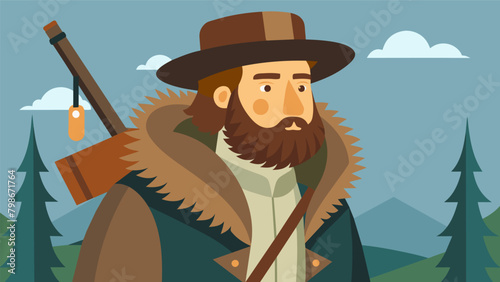 A man dressed as a fur per with a beaverskin hat and a rifle slung over his shoulder celebrating the rugged and adventurous life of early American. Vector illustration