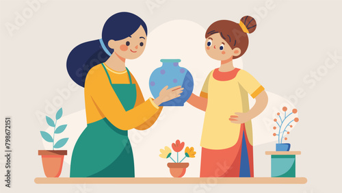 A mother with her young daughter eagerly examines a display of delicate handpainted pottery while the artist proudly explains her creative process and. Vector illustration
