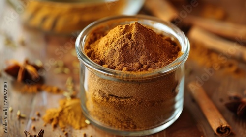 Pumpkin pie spice made at home and stored in a glass container photo
