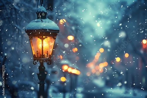 Against the blurred backdrop of falling snow, the glow of street lamps created a cozy ambiance that invited passersby to linger a little longer photo