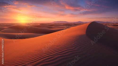 Sunset Over Sand Dunes in Desert Landscape