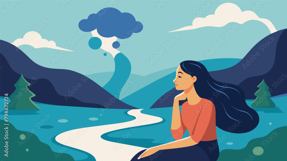 As a stream gently flows by a woman reflects on the idea that our thoughts are like water always changing and flowing.. Vector illustration