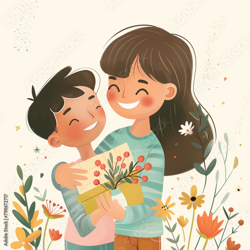 Mother and children, sincere hugs of mother and children, mother and children united in the embrace of love.