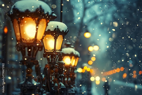 Against the blurred backdrop of falling snow  the glow of street lamps created a cozy ambiance that invited passersby to linger a little longer
