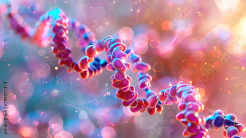 A colorful, blurred image of a DNA strand. The strand is pink and purple and is made of small colorful beads on a background of bokeh lights. Study and development in science research. © lensofcolors