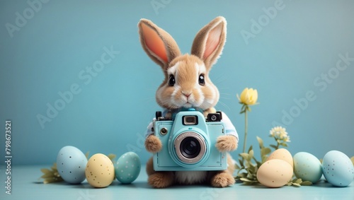 A cute little Easter bunny with a vintage retro pastel blue camera, small rabbit photographer. Creative decoration for Easter holidays