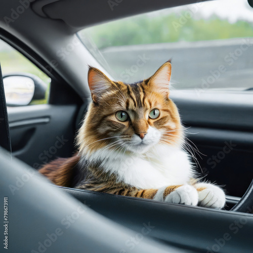 A red cat driving a car.