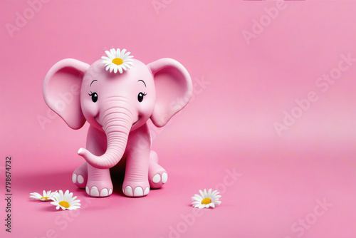 The pink elephant with daisies smiles. Illustration on a pink background with space for text.