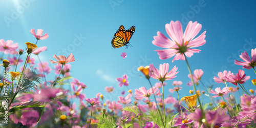 Meadow field with blossom pink Cosmos flowers and yellow butterflies against at sunny day with blue sky in summer, summer flower theme. © Maizal