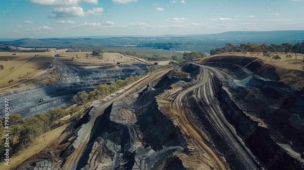 Fototapeta premium Open-pit mining raw minerals for steel production. Yellow quarry truck down. Quarry steps under sun.