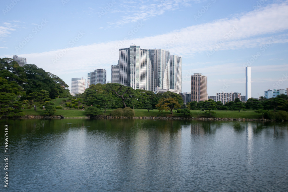 The Gardens of Hamarikyu are a public park in Chūō, Tokyo, Japan. Located at the mouth of the Sumida River they are surrounded by modern buildings.