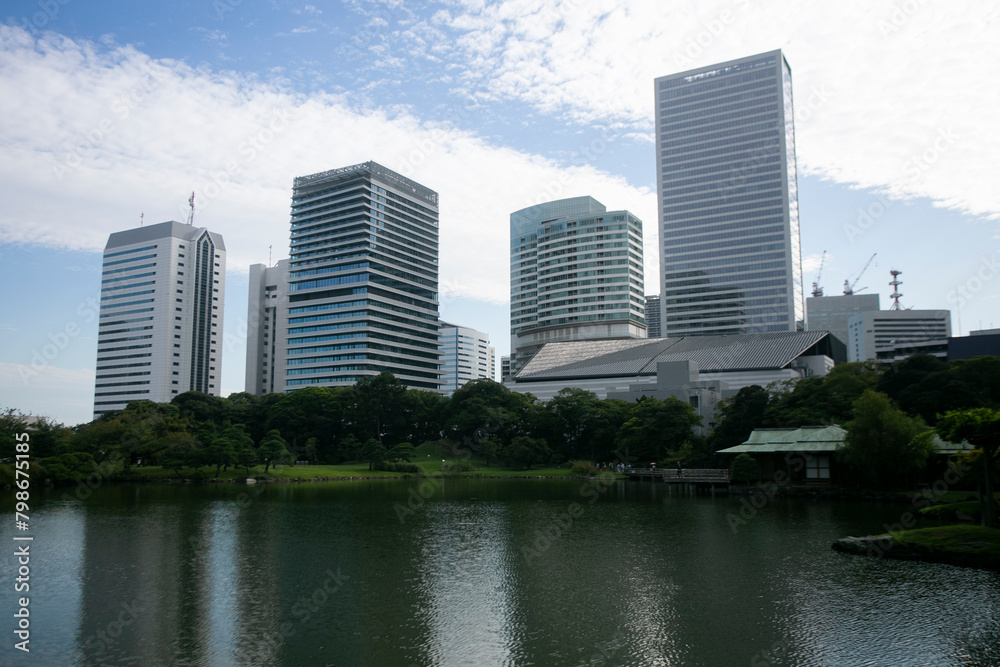 The Gardens of Hamarikyu are a public park in Chūō, Tokyo, Japan. Located at the mouth of the Sumida River they are surrounded by modern buildings.