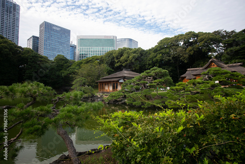 Traditional Japanese chashitsu tea room called Tsubame-no-ochaya or Swallow teahouse along the Shiori-no-ike pond of the Hama-rikyū Gardens