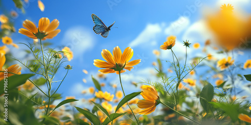 Meadow field with blossom yellow Cosmos flowers and blue butterflies against at sunny day with blue sky in summer, summer flower theme. © Maizal