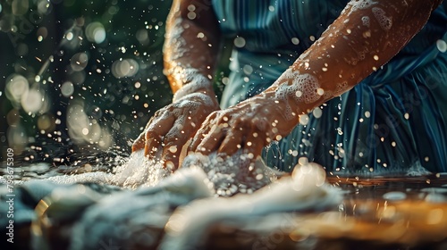 Hardworking Housewife Scrubbing Clothes Over Old Vintage Washboard with Splashing Water and photo