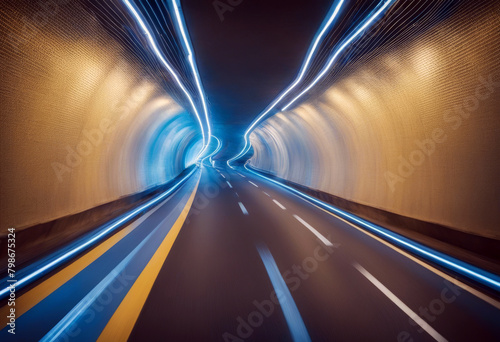 blue abstract white car yellow light rays tunnel trail line night movement speed painting blur racing flash abstraction drive motion way street perspective copy