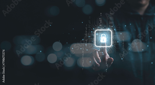 Businessman touching virtual master key with binary number code for identity and access password ,technology security system and prevent hacker concept.