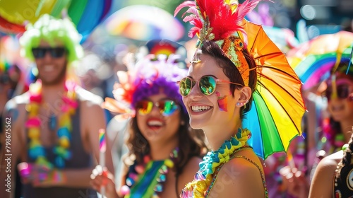 A pride parade with vibrant floats and marchers in colorful attire. 